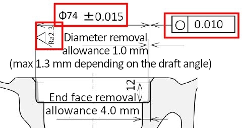 Diameter removal allowance 1.0 mm (max 1.3 mm depending on the draft angle) End face removal allowance 4.0 mm